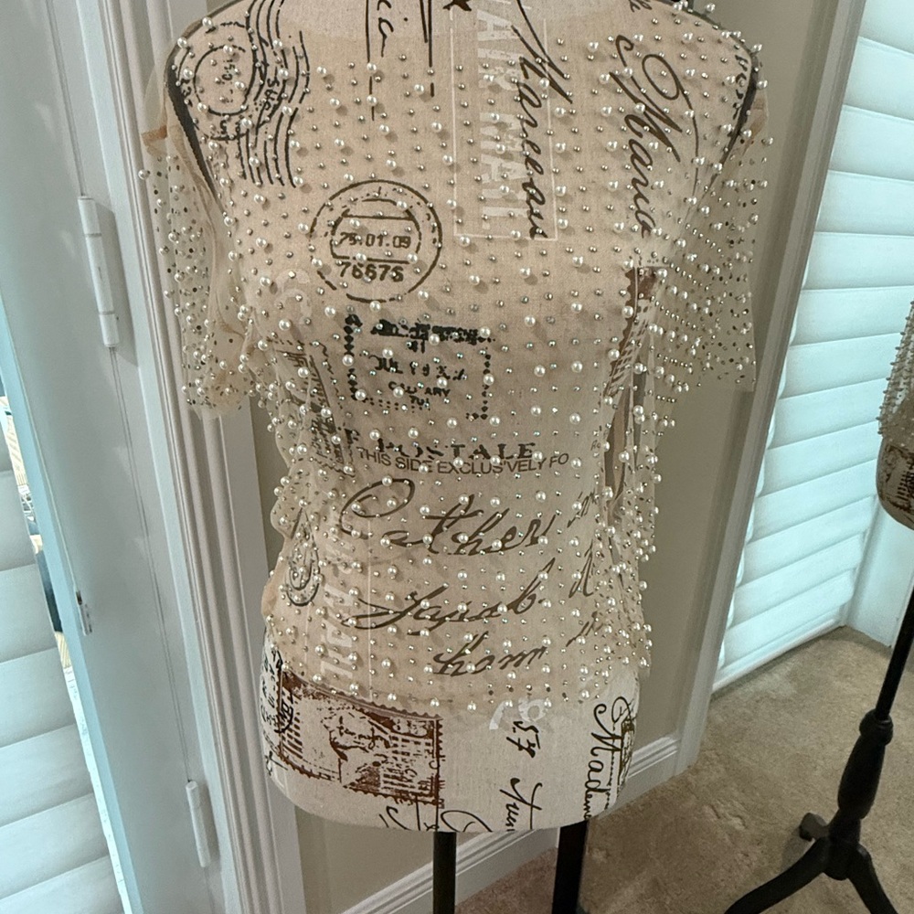 Elegant Sheer Pearl Embellished Cream Top